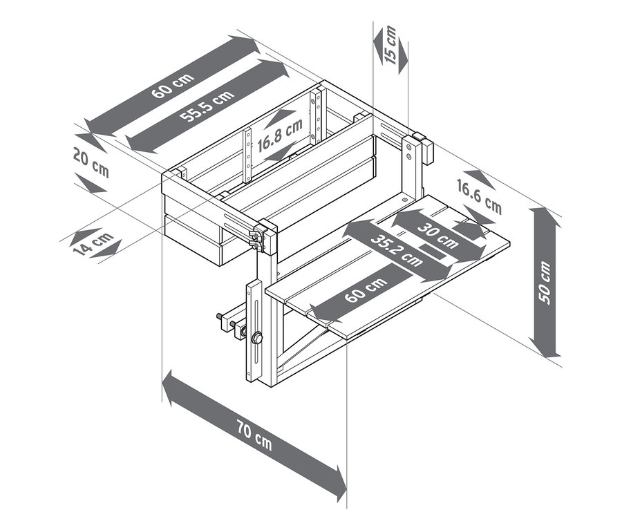 Detailní technický výkres nástěnného stolu s různými rozměry v centimetrech.