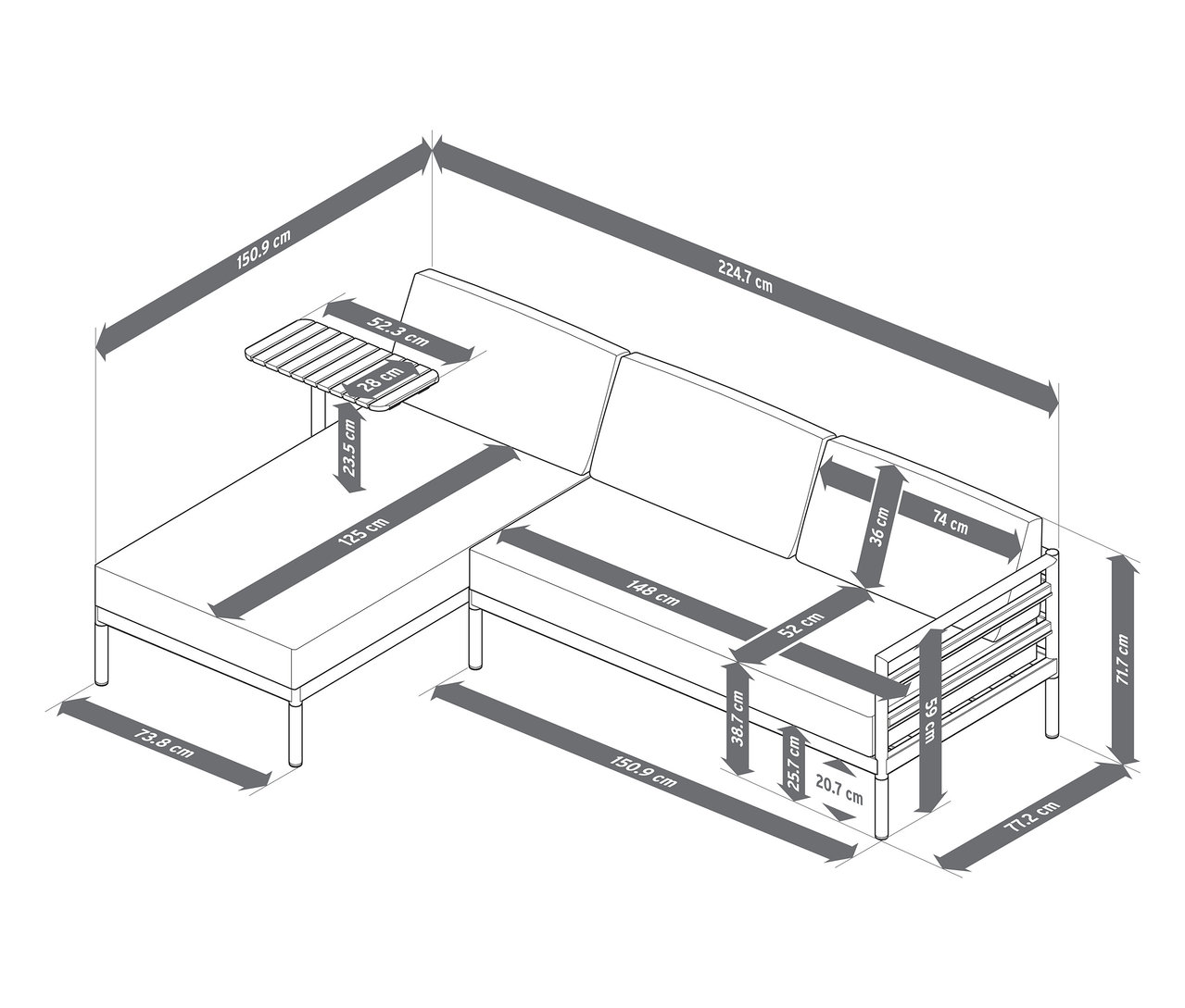 Pohled shora na prémiovou zahradní rohovou sedací soupravu »Elin« s rozměry.