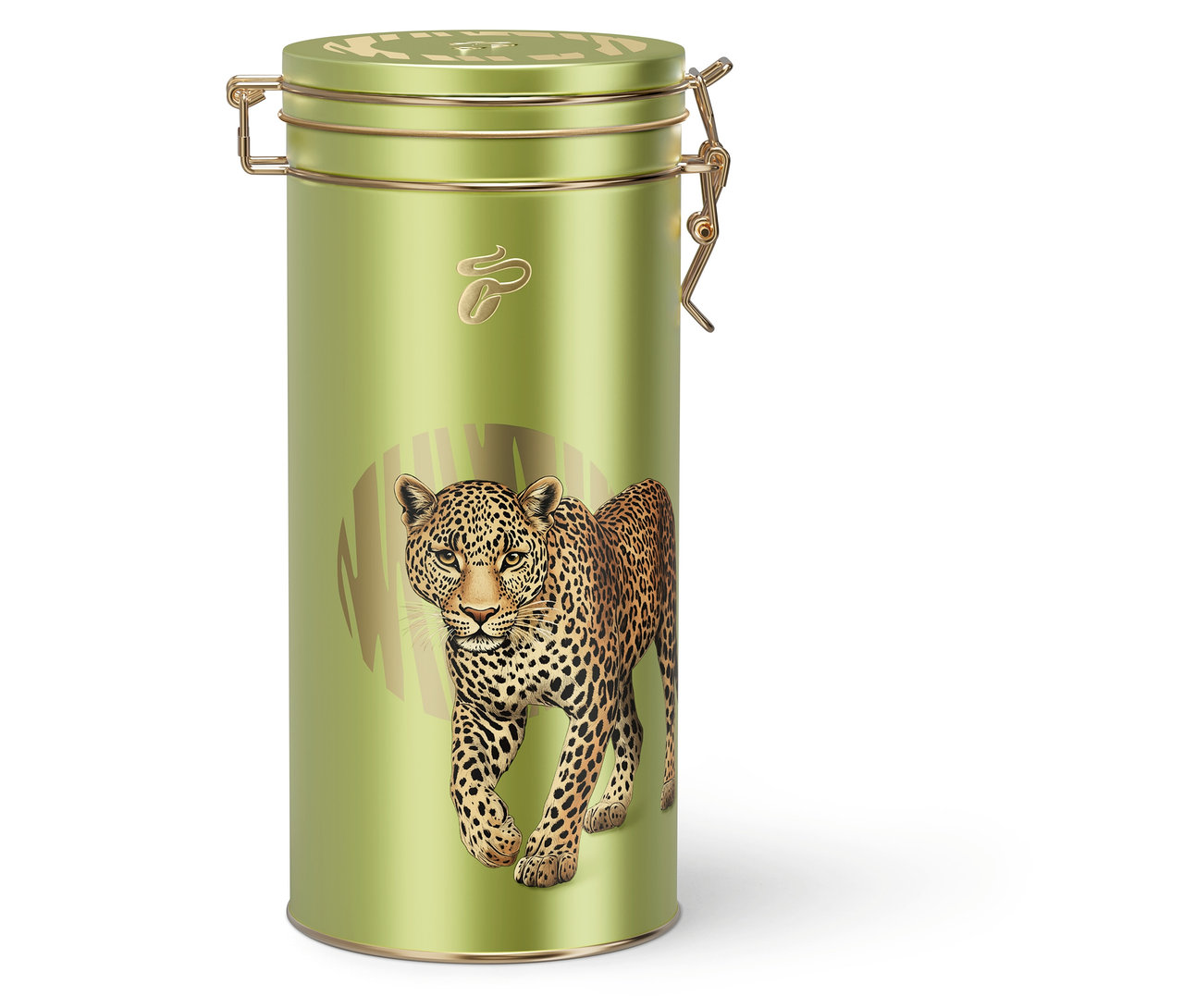 Světle zelená dóza na kávu Raritní káva »Buramba Rwanda« se zlatým uzávěrem a ilustrací kráčejícího leoparda na přední straně.