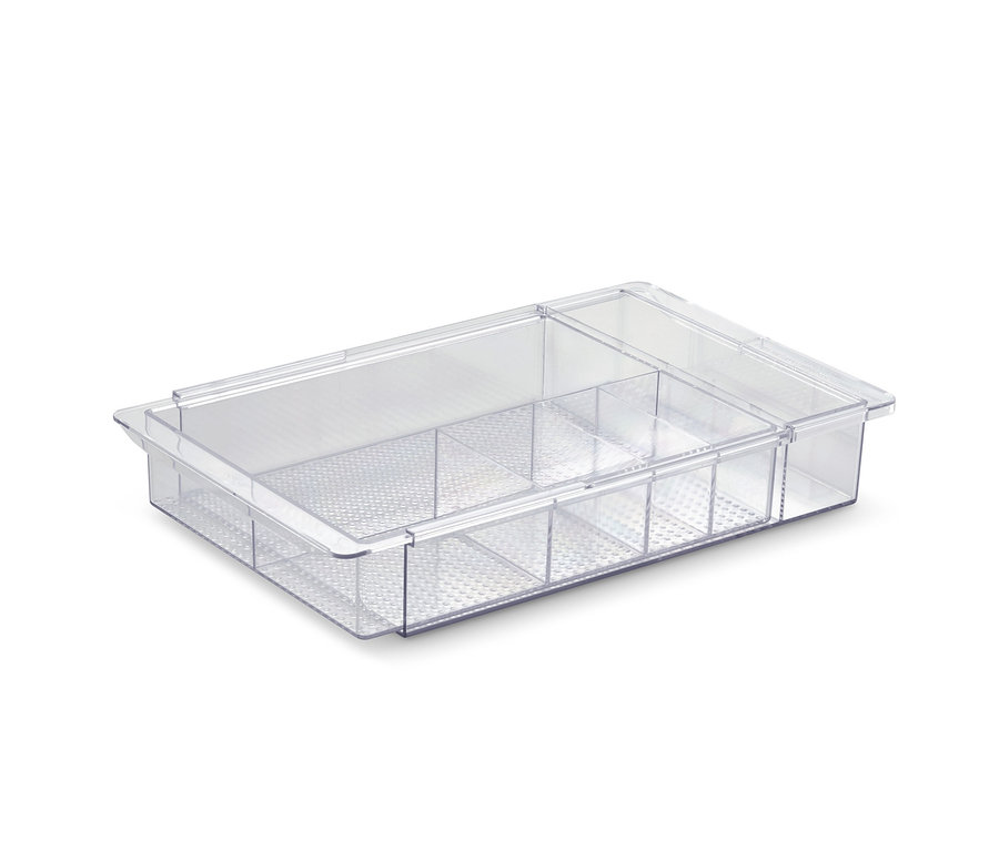 Průhledný variabilní organizér do zásuvky s přihrádkami.