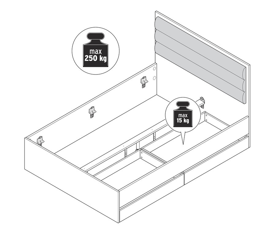 Nákres postele s úložným prostorem o rozměrech cca 140 x 200 cm.