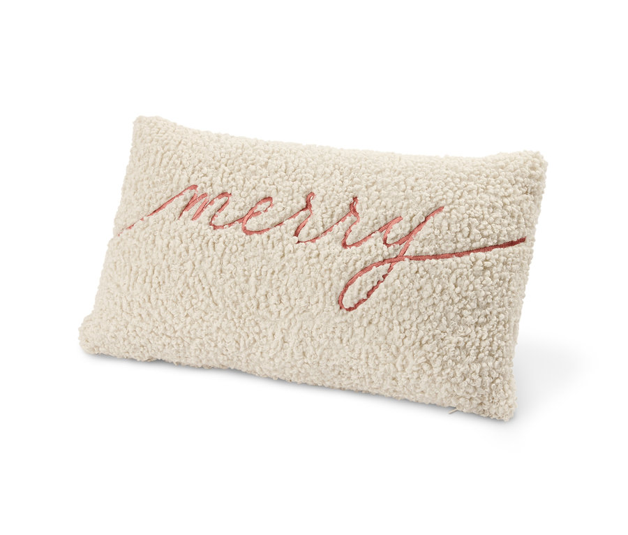 Béžový dekorační polštářek s nápisem merry.