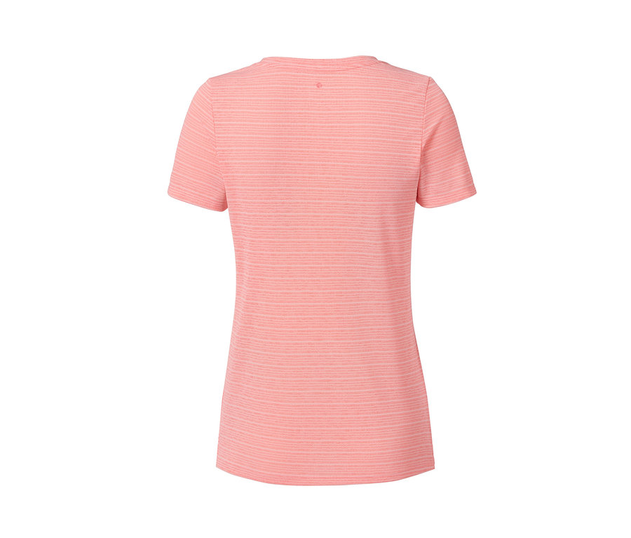 Detailní pohled na funkční triko s krátkým rukávem a horizontálními proužky.