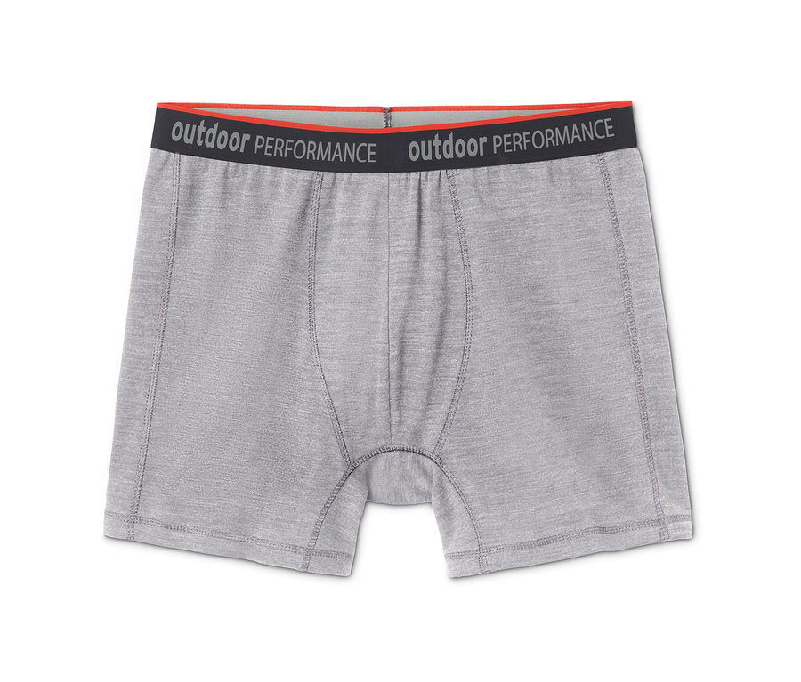 Šedé pánské boxerky s vlnou s certifikací RWS, 2 ks, s černým pasem a nápisem outdoor performance.