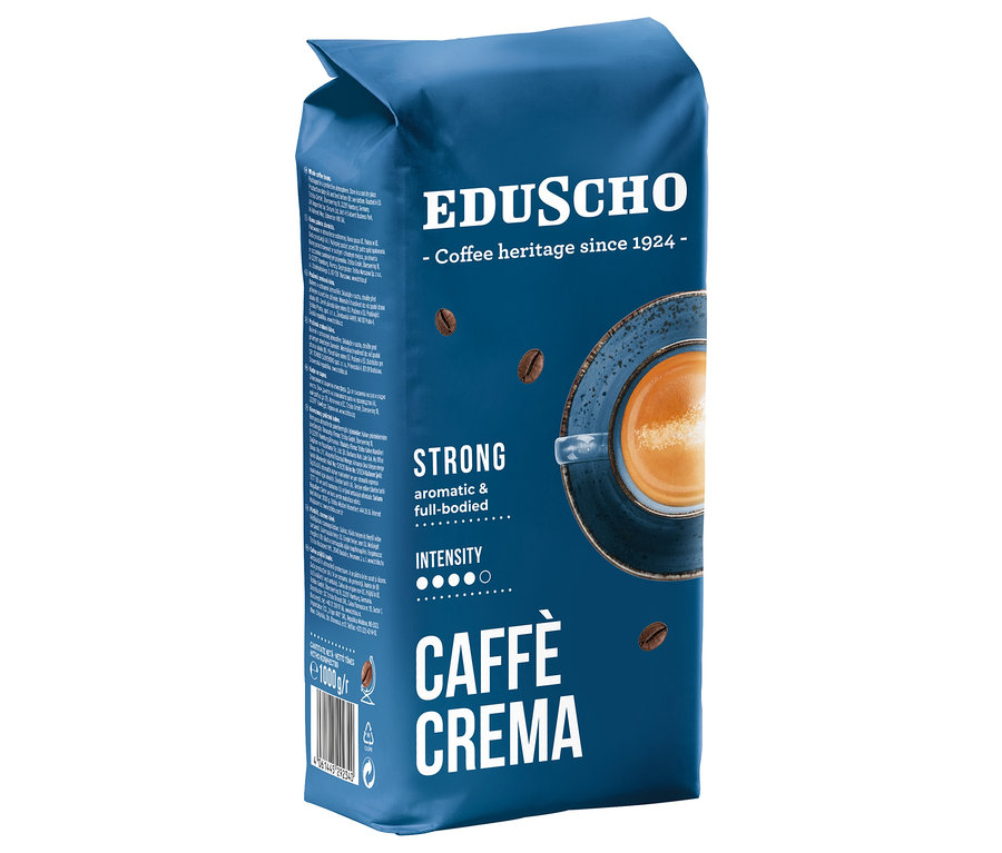 Modré balení zrnkové kávy Eduscho Caffè Crema Strong 1 kg.