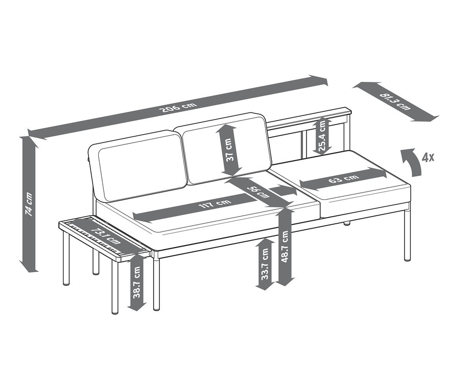 Nákres pohovky a lenošky 2 v 1 »Elin« s rozměry.