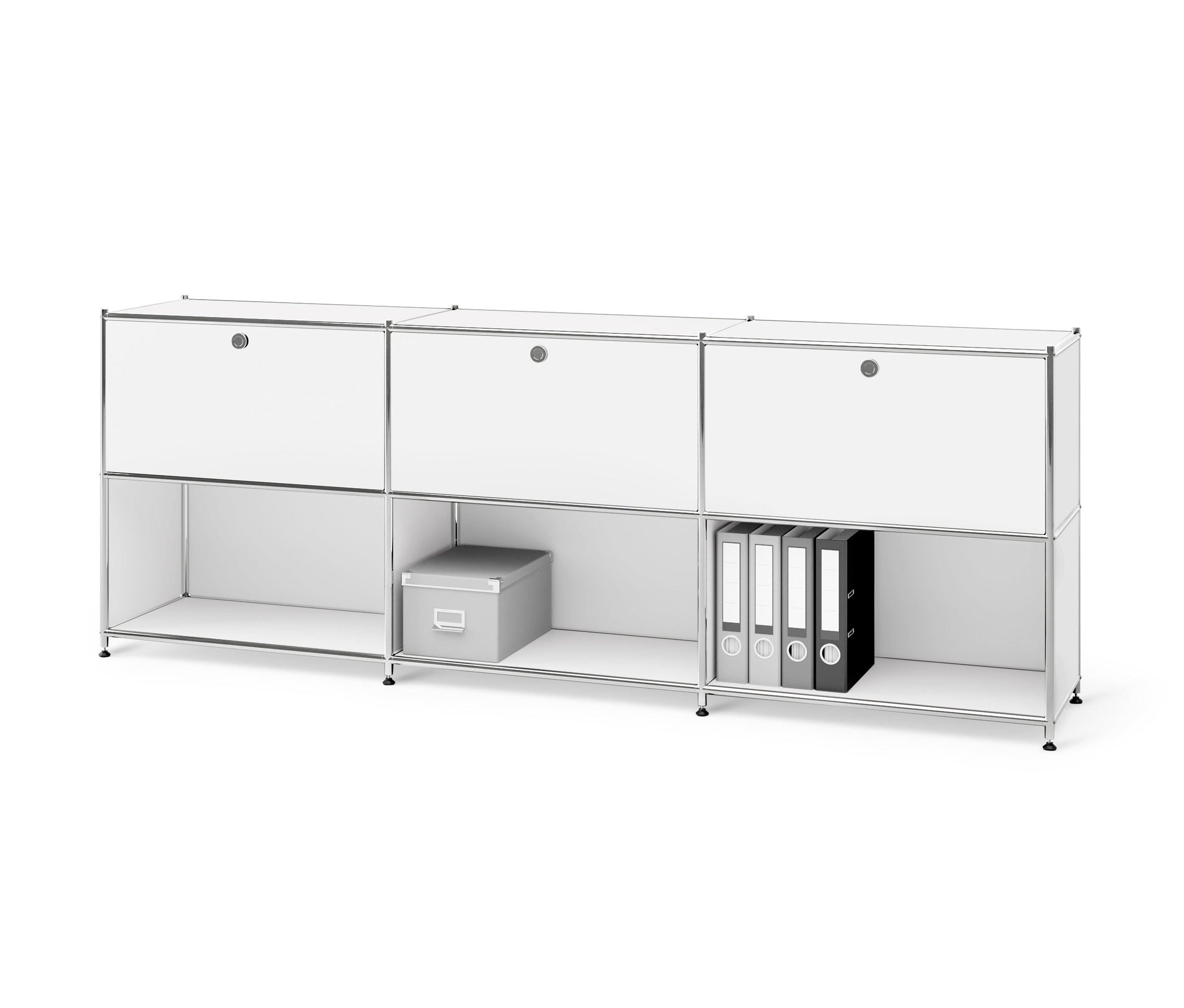 Bílá kovová odkládací skříňka »CN3« se 3 přemístitelnými výklopnými dvířky a úložným boxem.