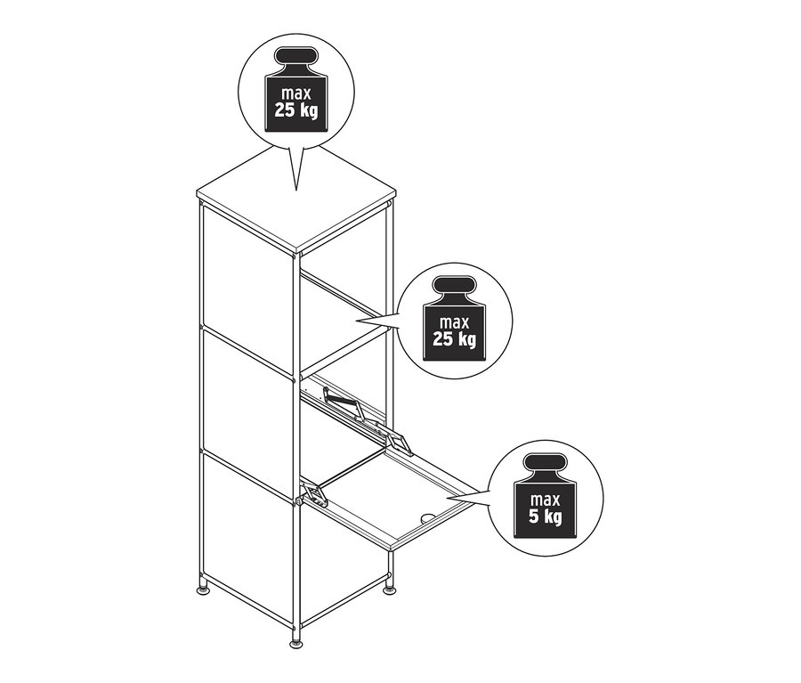Nákres úzké bílé kovové komody »CN3« s dřevěnou deskou a 2 výklopnými dvířky.