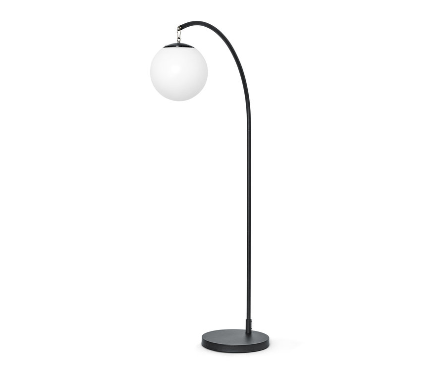 Černá oblouková LED lampa napájená baterií s kulovitým bílým stínidlem.
