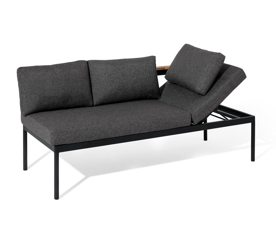 Šedé lavicové ležadlo 2 v 1 »Elin« s černým rámem a polštáři na bílém pozadí.