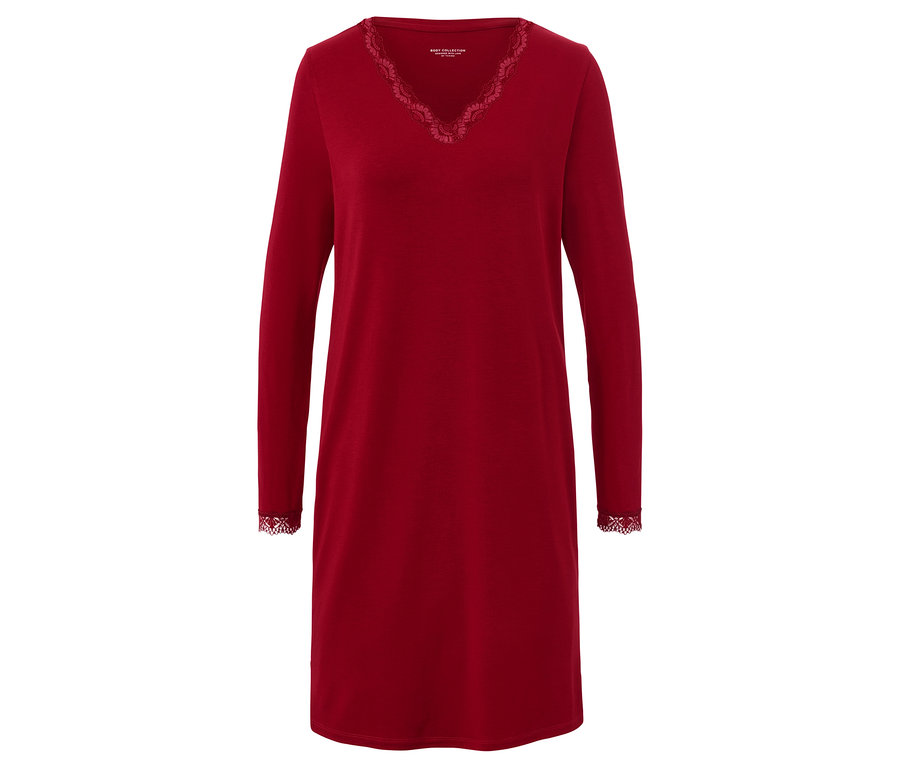 Červená noční košile s dlouhými rukávy a krajkou na výstřihu a manžetách.