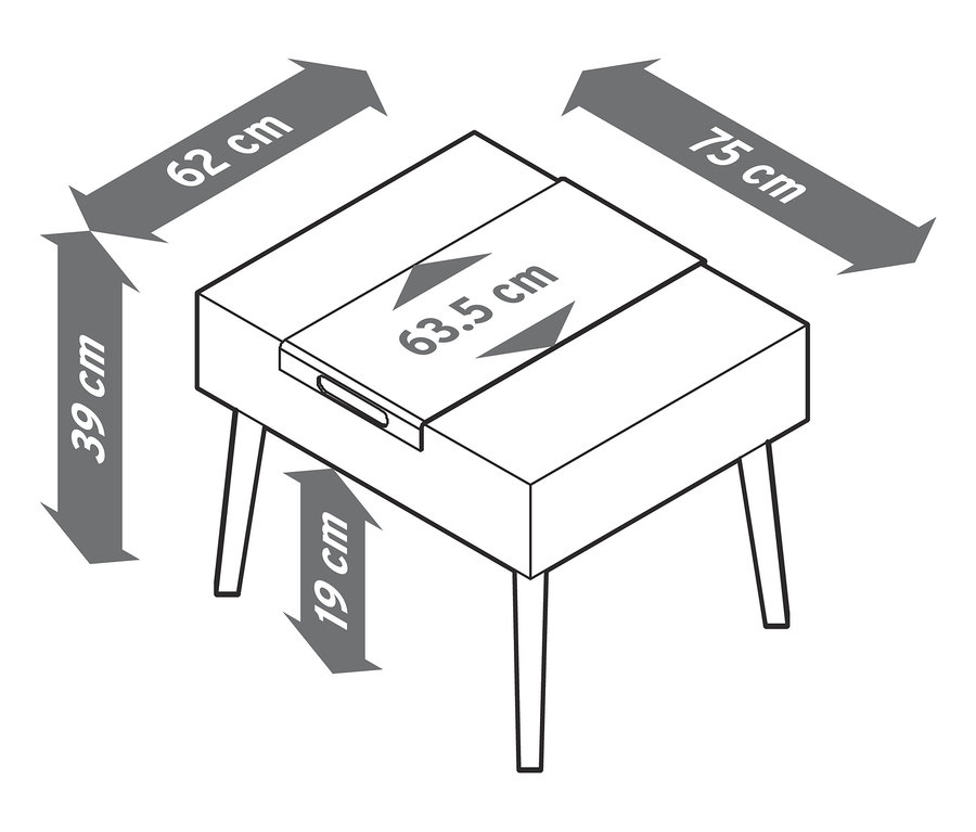 Rozměry venkovní pohovky se stoličkou: 62 cm x 39 cm, výška nohou 19 cm, deska stolu 63,5 cm x 75 cm.