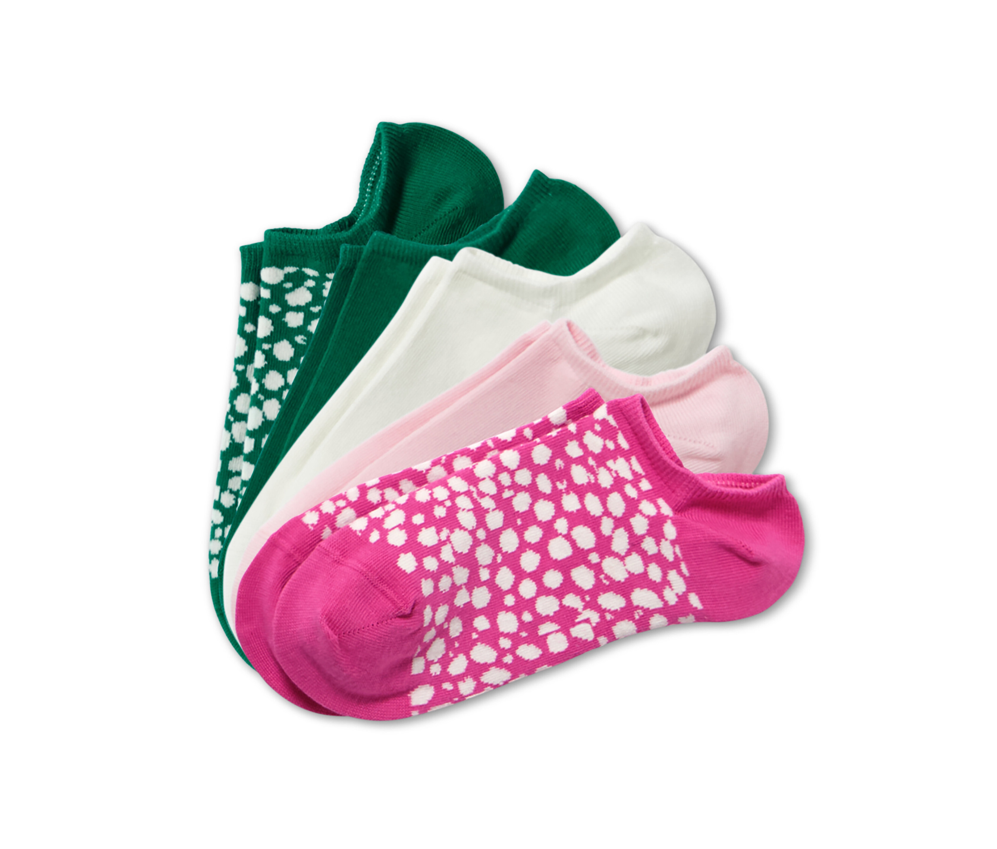 Pět párů krátkých ponožek různých barev.