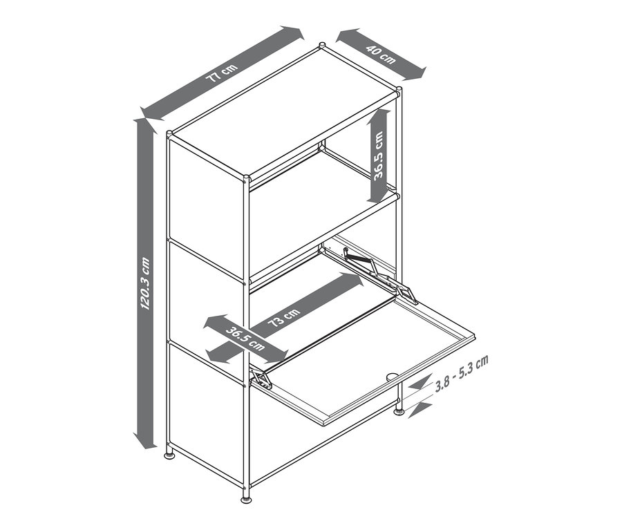 Ilustrace kovové komody »CN3« se 2 výklopnými dvířky s uvedenými rozměry.