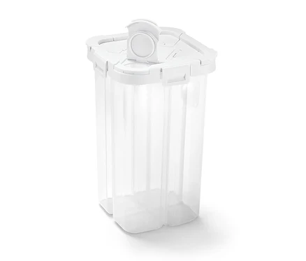 Průhledná dóza na potraviny 4 v 1 s bílým víkem.