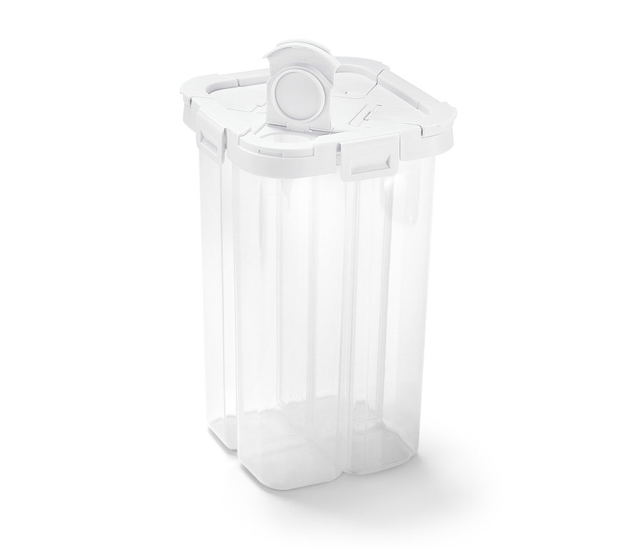 Průhledná dóza na potraviny 4 v 1 s bílým víkem.