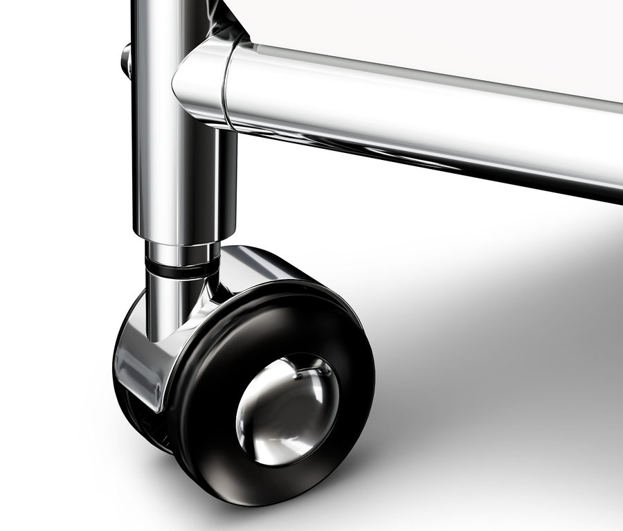 Detail bílého kovového odkládacího stolku »CN3« s kolečky.