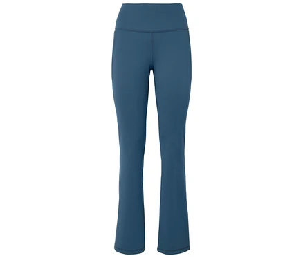Modré bootcut legíny s vysokým pasem.