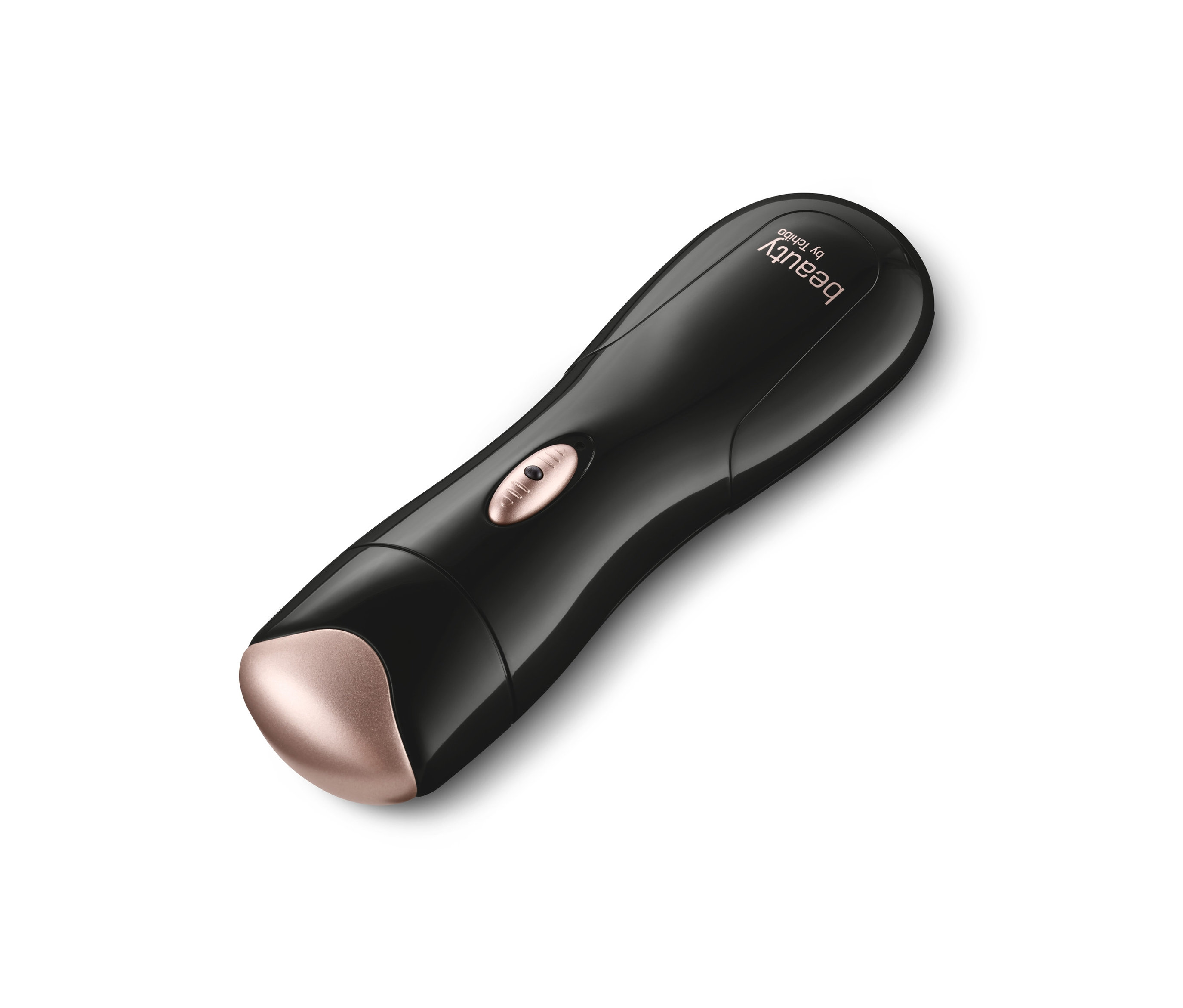 Černý epilátor na obličej s růžovo-zlatou hlavou na bílém pozadí.