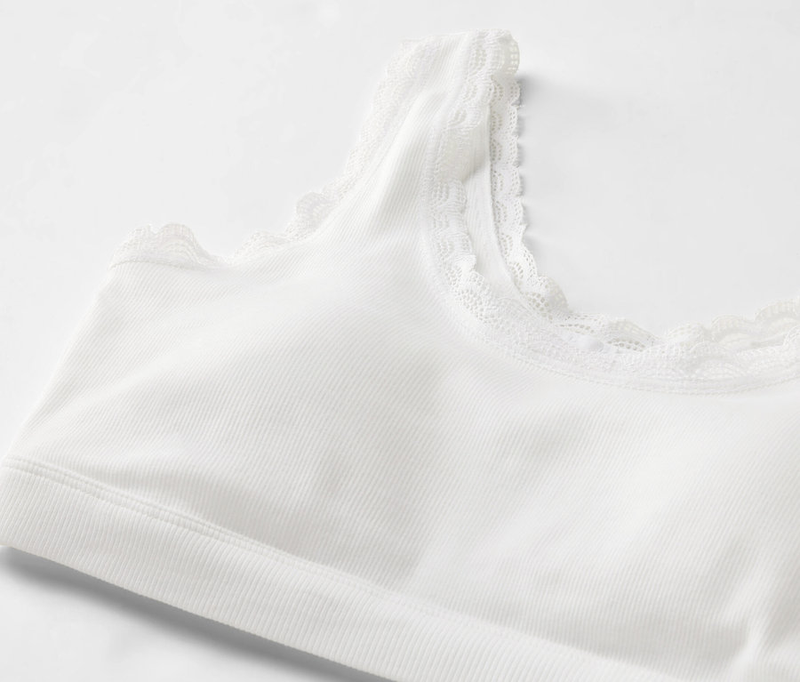 Detail bílé podprsenky z žebrovaného materiálu s krajkovým lemem.
