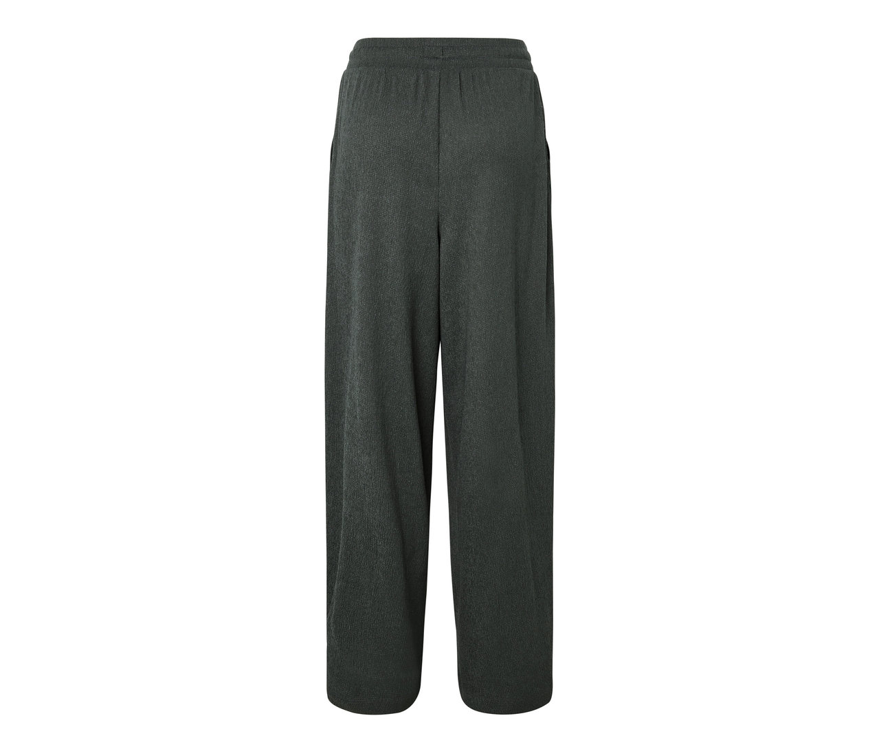 Zadní pohled na zelené navlékací kalhoty v mačkaném vzhledu.