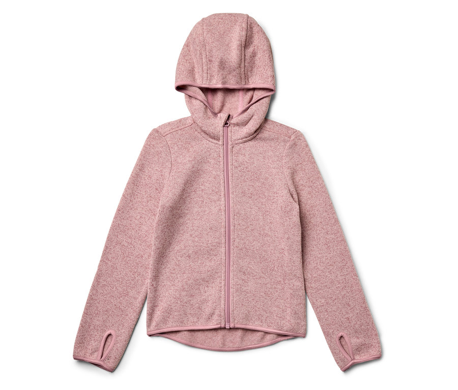 Růžová fleecová mikina s kapucí a zipem.