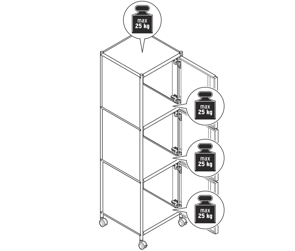 Náčrt kovového kontejneru na kolečkách CN3 se 3 dvířky. Jedny dvířka jsou otevřené.