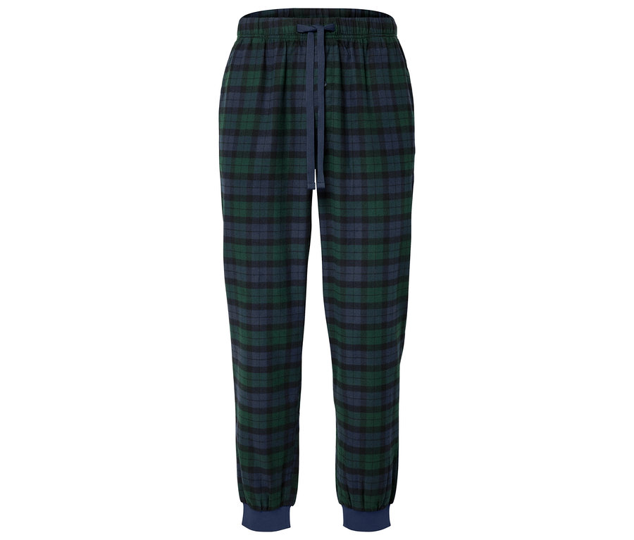Kostkované pyžamové kalhoty s tmavě modrou stahovací šňůrkou.