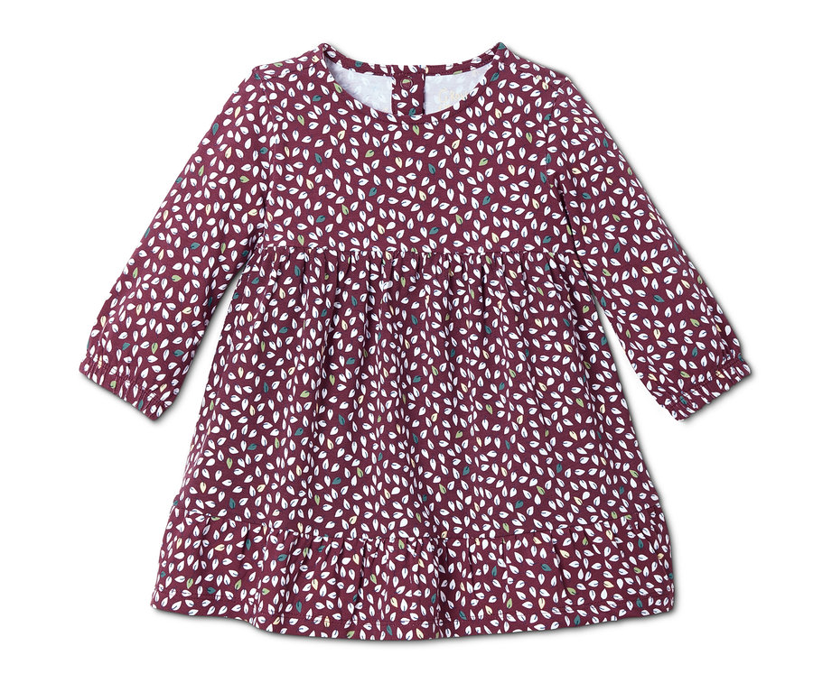 Dětské žerzejové šatičky s celoplošným potiskem listů.