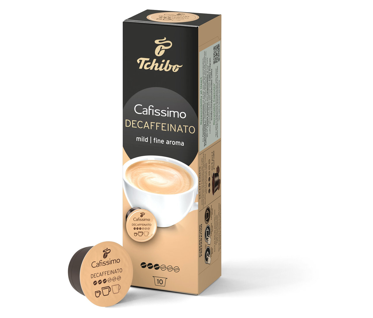 Balení Cafissimo Decaffeinato vedle jedné kapsle.