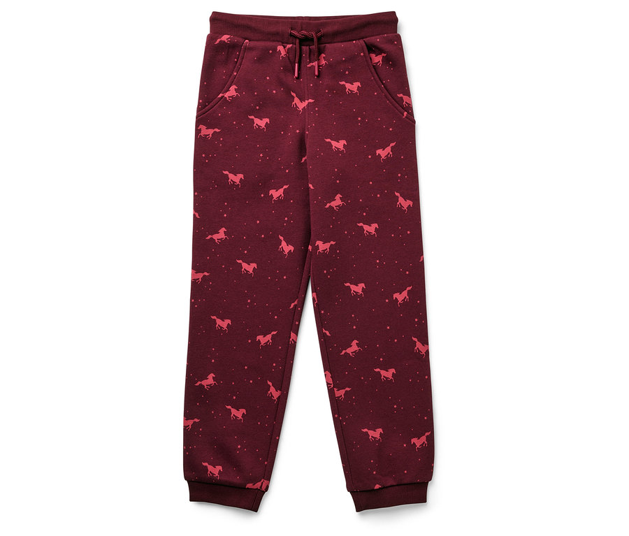 Vínové tepláky s potiskem růžových koní a hvězd.