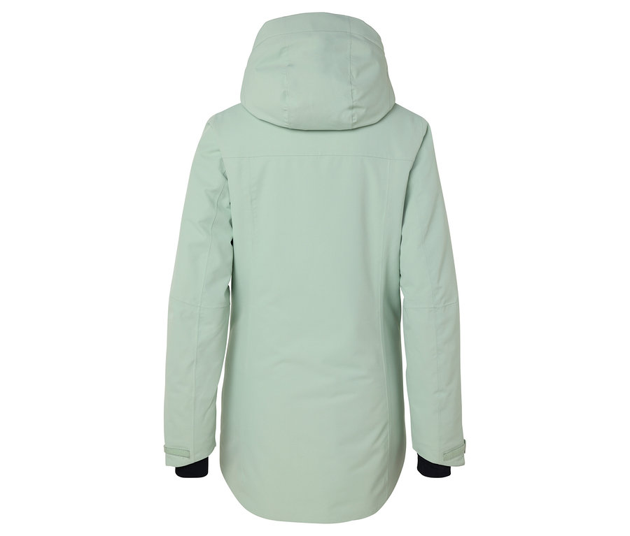 Zadní pohled na světle zelenou bundu s kapucí.