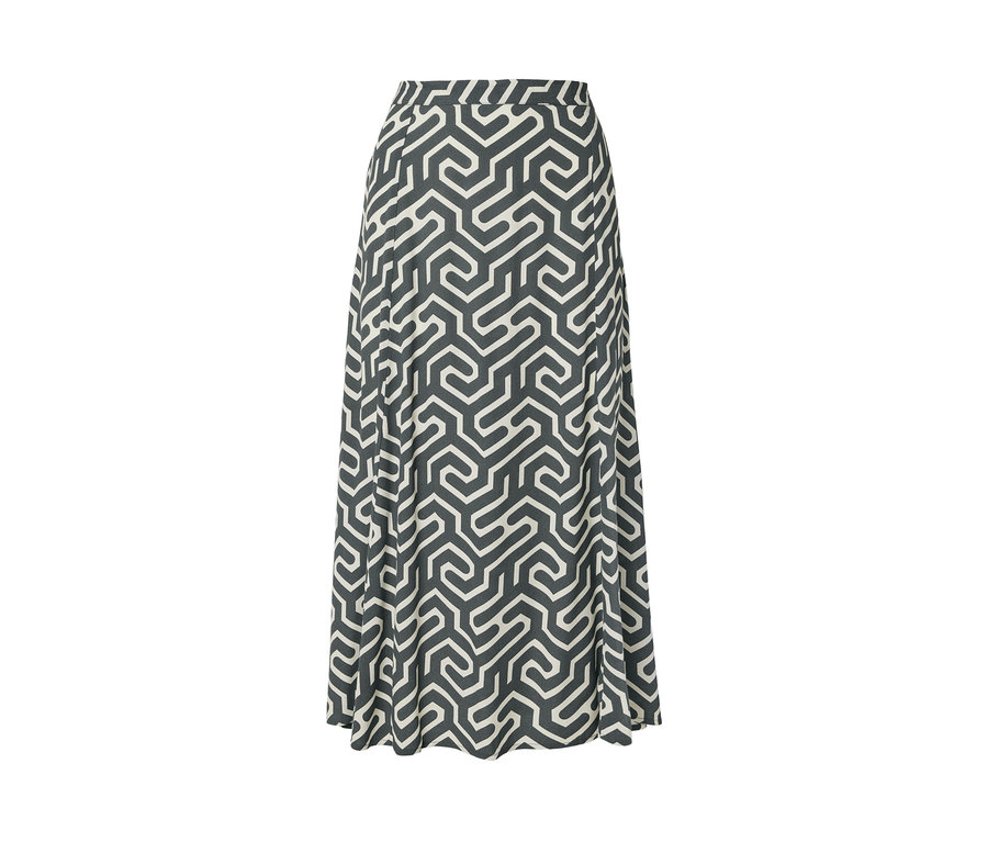 Midi sukně s potiskem s geometrickým vzorem v šedé a bílé barvě.