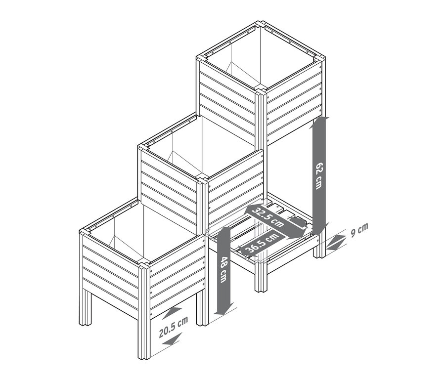 Ilustrace truhlíkových schodů »Tinus« s policí a rozměry.