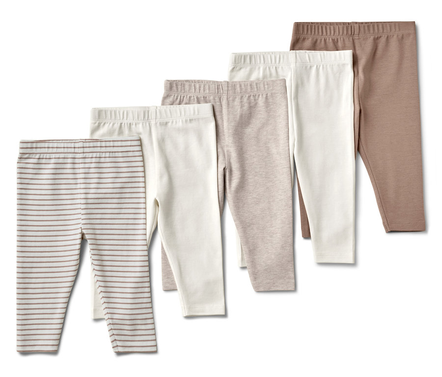 Pět dětských legín různých barev a vzorů.