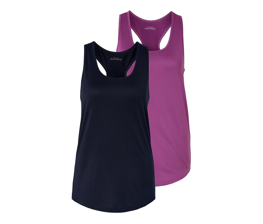 Dva funkční topy, jeden fialový a jeden modrý.