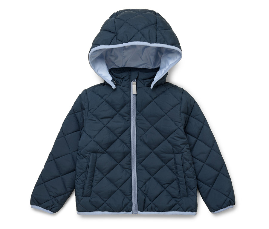 Tmavě modrá prošívaná bunda s kapucí, světle modrou podšívkou a zipem