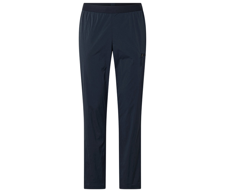 Tmavě modré outdoorové funkční kalhoty s elastickým pasem a kapsou na zip.