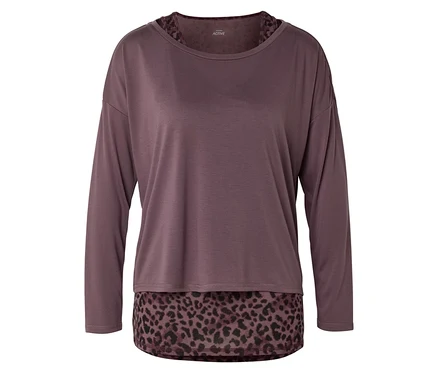 Fialový top s dlouhým rukávem s leopardím vzorem na spodním lemu a výstřihu.