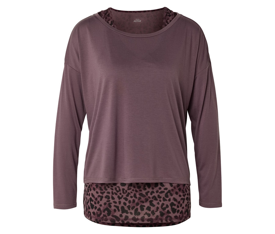 Fialový top s dlouhým rukávem s leopardím vzorem na spodním lemu a výstřihu.