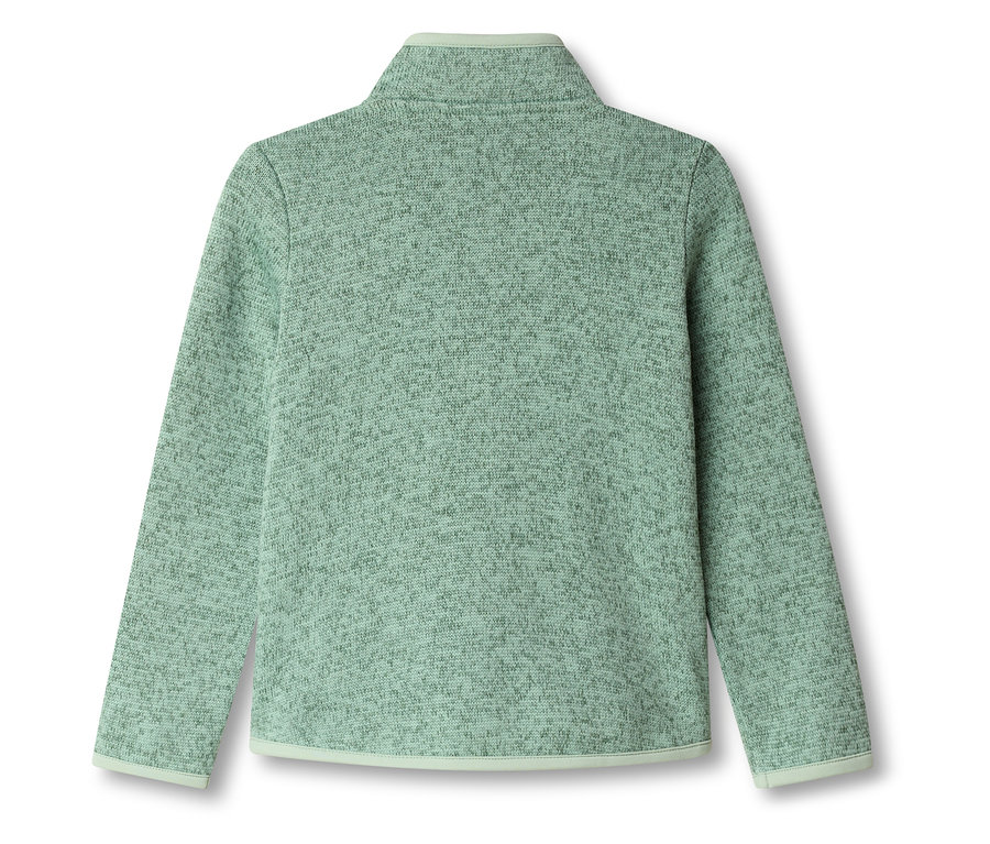 Světle zelený fleecový pulovr se zipem u krku, pohled zezadu.