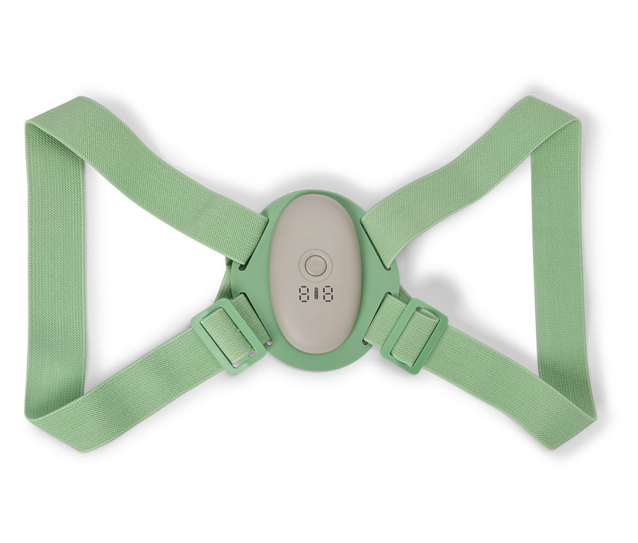 Zelená korekce držení těla s nastavitelnými popruhy a digitálním displejem na bílém pozadí.