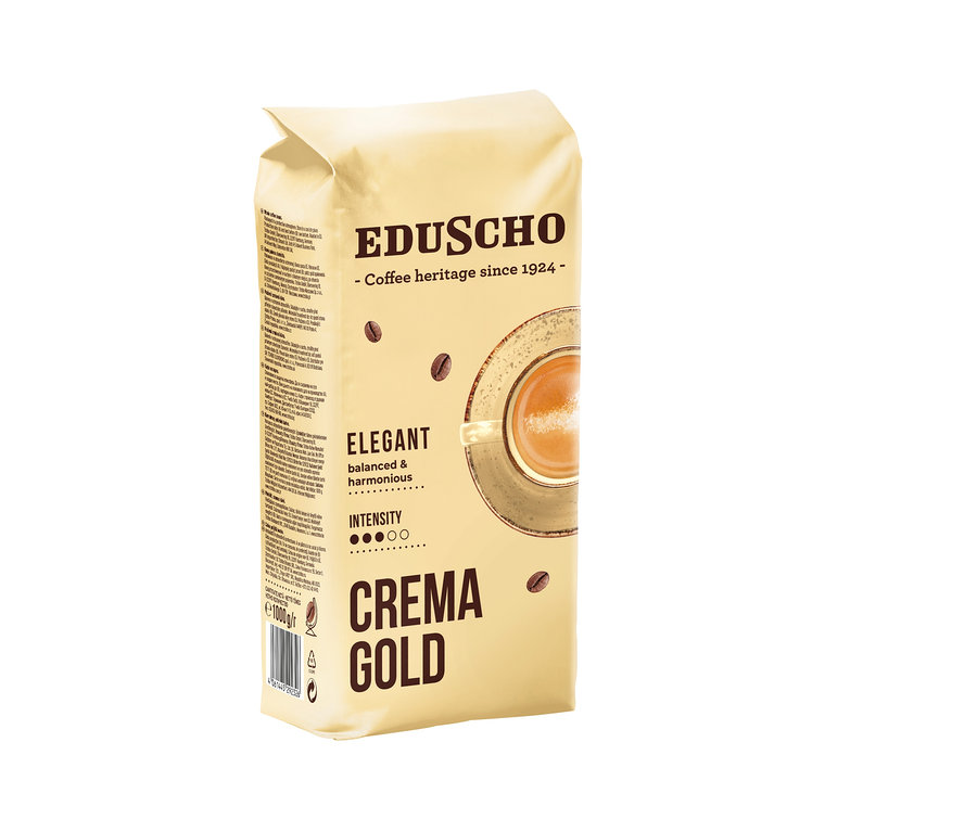 Béžové balení 1 kg zrnkové kávy Eduscho Crema Gold s designem šálku kávy a zrn.