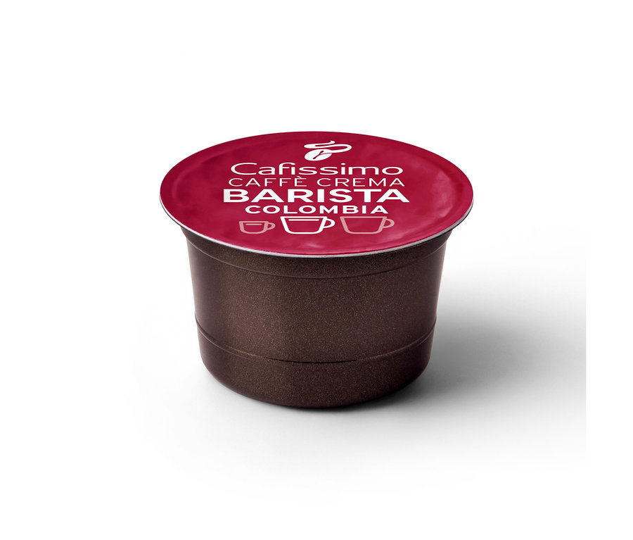 Tmavě hnědá kapsle Caffè Crema Colombia s červeným víčkem a bílým nápisem „Cafissimo CAFFÈ CREMA BARISTA COLOMBIA“.