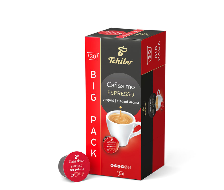 Červeno-černé balení Big Pack kávových kapslí Cafissimo Espresso s 30 kusy, vedle něj jedna červená kapsle.