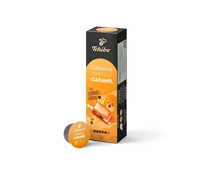 Balení a kapsle Cafissimo Flavoured Edition – Espresso Caramel s deseti kapslemi.