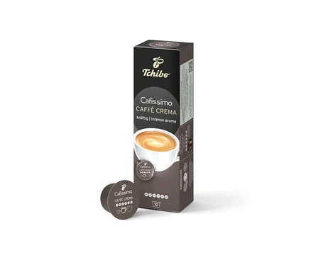 Balení Cafissimo Caffè Crema silná s 10 kapslemi vedle jedné kapsle. Na obalu je vyobrazen šálek kávy.