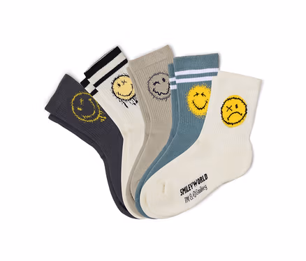 Pět párů dětských tenisových ponožek SMILEYWORLD® v bílé, šedé a petrolejové barvě, rozložených do vějíře. Každá ponožka má jiný, opotřebovaný design žlutého nebo šedého smajlíka, některé s pruhovanými manžetami.