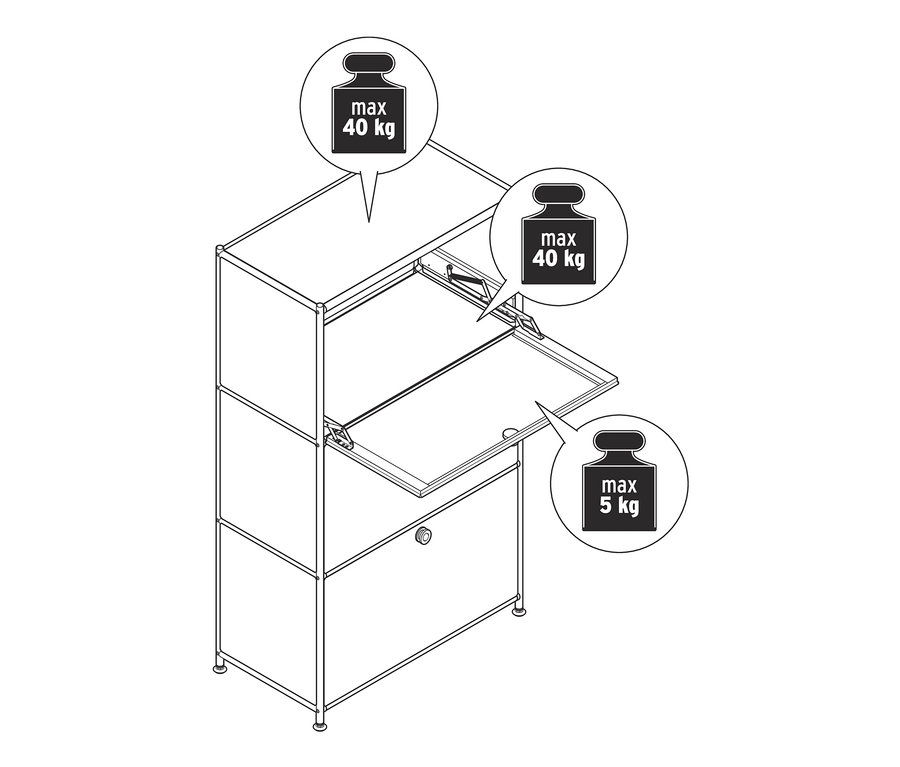 Nákres kovového regálu se 3 výklopnými dvířky, horní dvě mají nosnost 40 kg, spodní 5 kg.