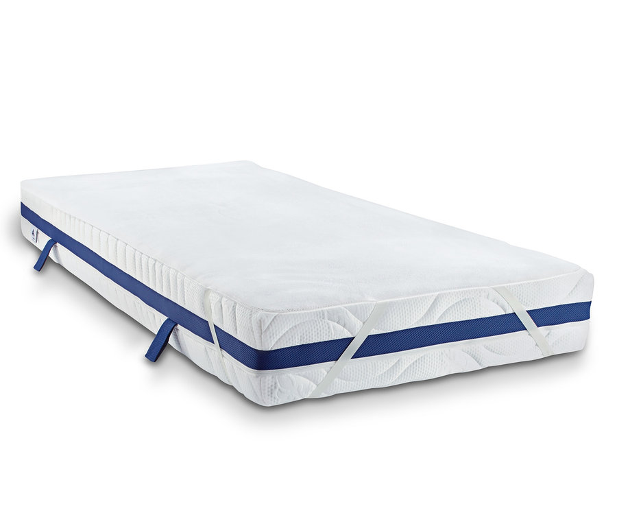 Bílý chránič matrace s modrým lemem a elastickými popruhy v rozích.